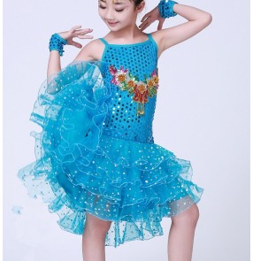 Girls baby child children kids sky blue fuchsia paillette sequin sleeveless backless professional competition exercises modern latin dance dresses 