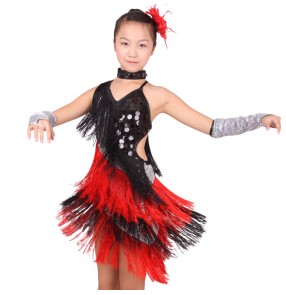 Girls child black and red patchwork tassel latin dance dress salsa ballroom 