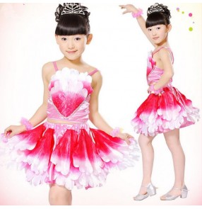 Girls child children baby kids  fuchsia yellow gradient color flowers separate spring summer modern dance stage performance jazz dance costumes dresses