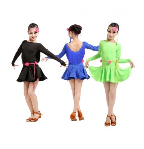 Girls child children kids child baby long sleeves fringe back neon green royal blue black professional competition latin dance dresses ballroom dance dresses with fuchsia sashes