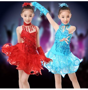 Girls child children kids fuchsia turquoise red gold yellow paillette Rhinestones sleeveless backless with gloves professional competition latin dance dresses salsa cha cha samba dresses