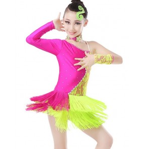 Girls child children kids royal blue yellow fuchsia white and black lace rhinestones fringes one shoulder competition professional latin salsa cha cha dance dresses 110-160cm