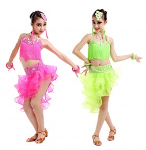 Girls child kids child baby fuchsia neon green rhinestones sleevesless fringe competition latin samba salsa cha cha dance dresses