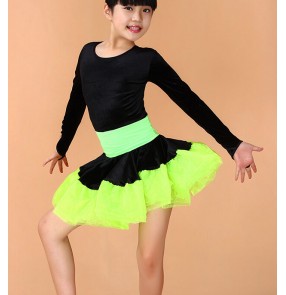 Girls child kids child baby long sleeves  velvet red black yellow leoparbig skirted competition professional ballroom latin dance dresses