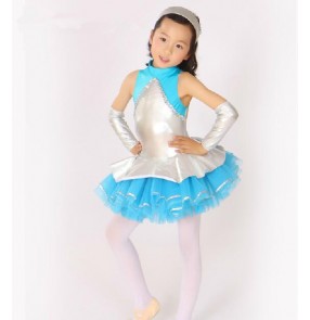 Girls children blue and pu leather patchwork ballet dance dress