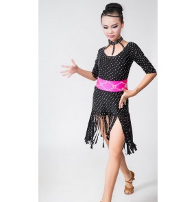 Girls children child kids baby black fuchsia with rhinestones diamond fringe competition professional middle long sleeves  ballroom latin dance dresses