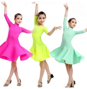 Girls Children child kids mint fuchsia yellow middle long sleeves competition professional exercises latin ballroom dance dresses samba rumba dresses