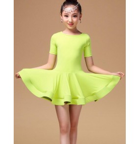 Girls children child kids neon green orange black short sleeves round neck competition professional latin dance dresses salsa cha cha dance dresses