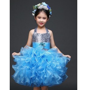 Girls children child kids paillette blue yellow lace closure back halter neck big ruffles skirt flower girls stage host performance dance wear dance dresses 90-150cm