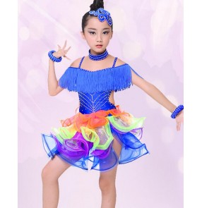 Girls children child kids royal blue black fuchsia diamond fringe luxury competition professional backless latin dance dresses