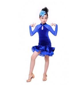 Girls children child kids royal blue fuchsia black velvet long sleeves  competition ballroom latin dance dress