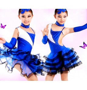 Girls children child kids royal blue white and black patchwork big skirted rhinestones professional competition exercises latin salsa cha cha  ballroom dance dresses