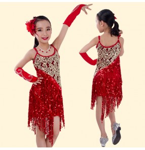 Girls children child kids sequined pailette fringe strap  sleeveless professional competition latin dance dresses salsa cha cha samba dance dresses with rhinestones gloves