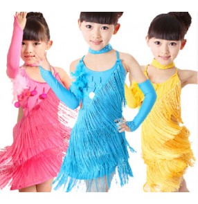 Girls children child kids sky blue fuchsia yellow fringe backless with gloves choker exercises professional competition latin salsa cha cha dance dresses 