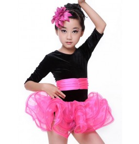 Girls children child kids velvet royal blue  black fuchsia middle long sleeves ballroom latin dance dresses 110-170cm