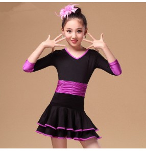 Girls children child kids violet turquoise fuchsia patchwork middle long sleeves competition professional latin dance dresses with headwear flower