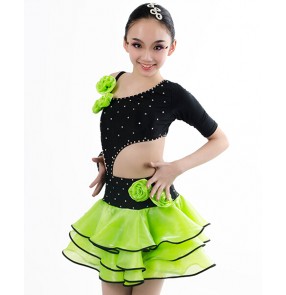 Girls children child neon green black diamond patchwork  competition professional latin dance dress