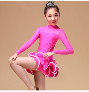 Girls children child turquoise yellow fuchsia turtle neck long sleeves paillette exercises professional latin dance dresses