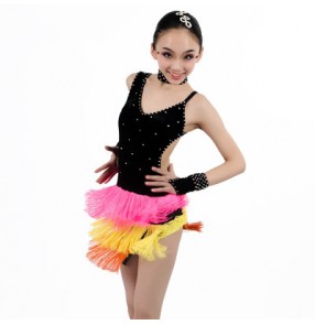 Girls children colorful tassel and black patchwork rhinestone decoration latin dance dress