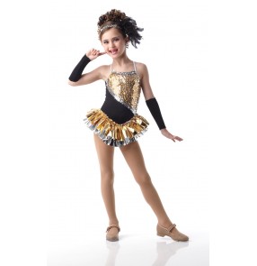 Girls children gold pu leather patchwork tutu skirt short ballet dance dress