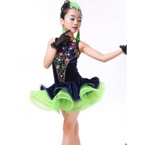 Girls children kids child baby neon green navy pathwork embroidery rhinestones sleeves  velvet competition professional latin ballroom dance dresses