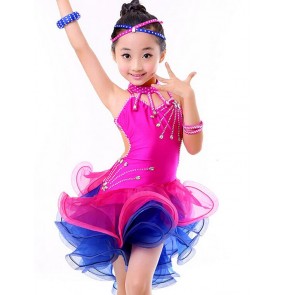 Girls children kids child diamond high luxury patchwork rainbow neon green royal blue yellow color competition professional latin dance dresses 110-170cm