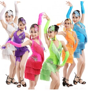 Girls children kids child neon green purple violet fuchsia white orange fringes rhinestones  competition professional backless latin dresses samba chacha dance dresses110-160cm