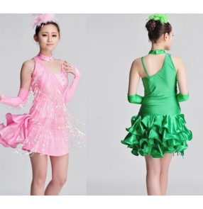 Girls children kids child pink green one inclined shoulder fringe ruffles latin dance dresses salsa samba cha cha rumba dance dresses stage performance dance wear