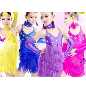 Girls children kids child rhinestones diamond competition professional exercises latin dresses samba salsa chacha dresses 110-170cm