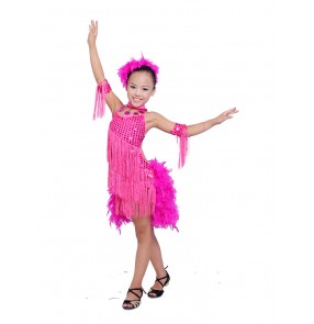 Girls children kids child turquoise fuchsia black red sequined fringes sequined latin dresses 110-160cm