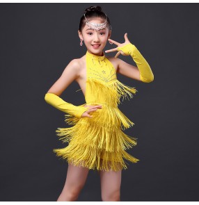 Girls children kids child yellow gold neon green fuchsia red fringe rhinestones with gloves backless competition exercises latin dance dresses salsa chacha samba dance dresses