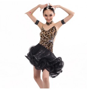 Girls children kids competition leopard rhinestone ballroom dance dress latin dance dress