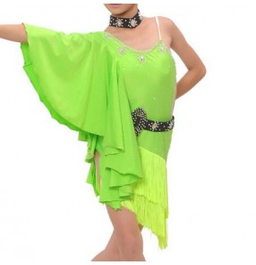 Girls children kids competition professional neon green fuchsia diamond decoration one butterfly sleeves latin dance dresses samba salsa dance dresses 110-160cm