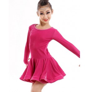 Girls children kids fuchsia velvet long sleeves competition latin dance dress ballroom dance dresses 110-170cm