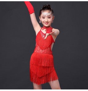 Girls children kids red royal blue fuchsia  tassels fringe diamond lace backless latin dance dress 110-150cm