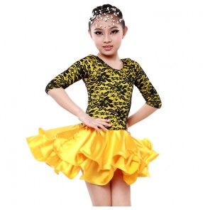 Girls children kids silk satin and lace patchwork  long sleeves  latin dance dress ballroom dance 