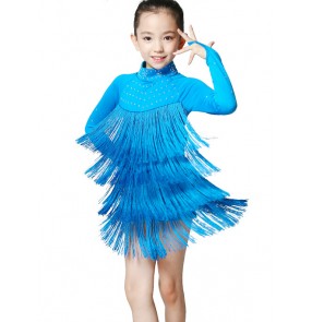 Girls children kids sky blue fuchsia diamond long sleeves professional exercise salsa chacha latin dance dresses 
