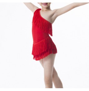 Girls children kids tasssel red black inclined shoulder latin dance dress with leotard 