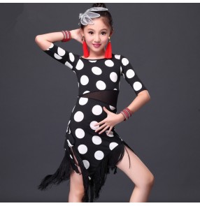 Girls children kids white polka dot  and red polka dot middle long sleeves tassels hem latin dance dresses 110-155cm