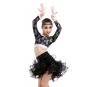 Girls children lace latin dance dress top and skirt long sleeves black 
