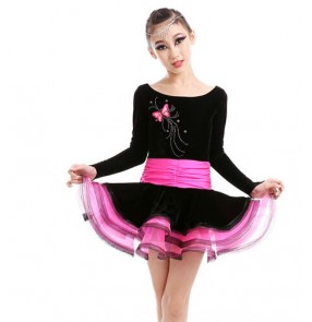 Girls children latin dance dress velvet long sleeves patchwork fuchsia green