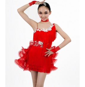 Girls children luxury high quality  red fringe diamond lace flower competition professional one shoulder backless latin dance dress with gloves  110-170cm