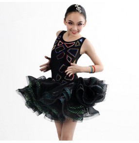 Girls children prfessional stage performance black sequined geometric pattern latin dance dress 