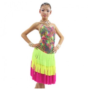 Girls children rainbow long tassel with colorful embroidery flower latin dance dress tassel dance dress