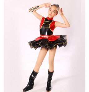 Girls children red pu leather and black tutu skirt leotard ballet dance dress