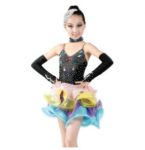 Girls children sequined black rhinestone ballroom dance colorful skirted latin dance dress 110-160cm