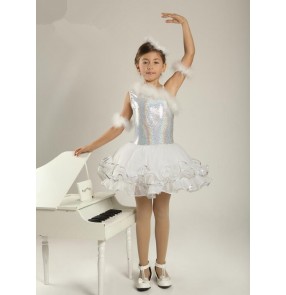 Girls children silver sequined white ballet dance dress