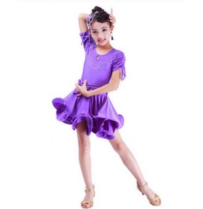 Girls children violet fuchsia royal blue short sleeves diamond latin dance dresses samba salsa dance dress 110-160