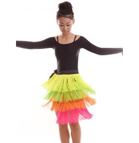 Girls kid children baby child rainbow color fringe long sleeves dew shoulder long sleeves patchwork competition exercise practice ballroom latin dance dresses