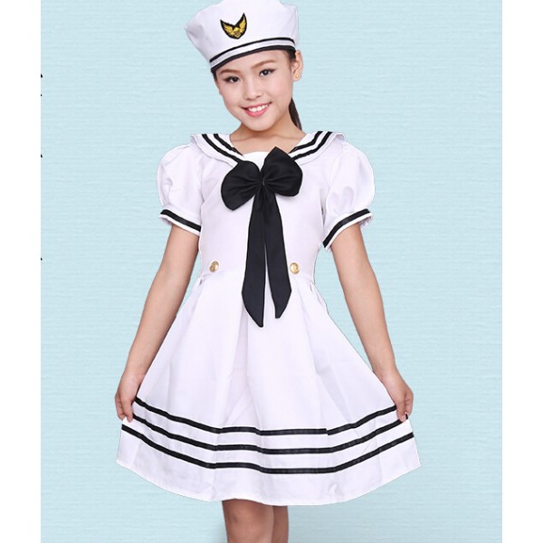 Girls kids child baby children white navy uniforms modern stage ...